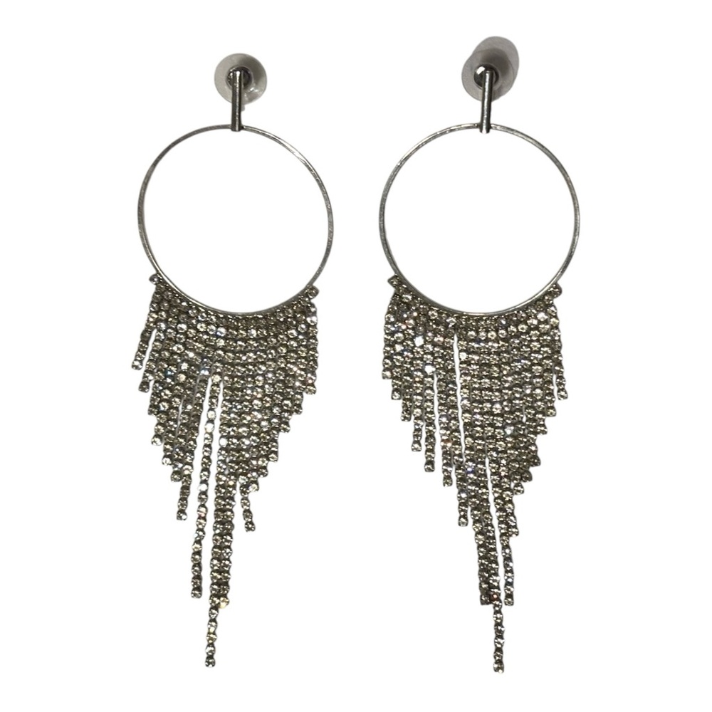 Silver Hoop Fringe Crystal Drop Earrings- Perfect for Prom or formal affair